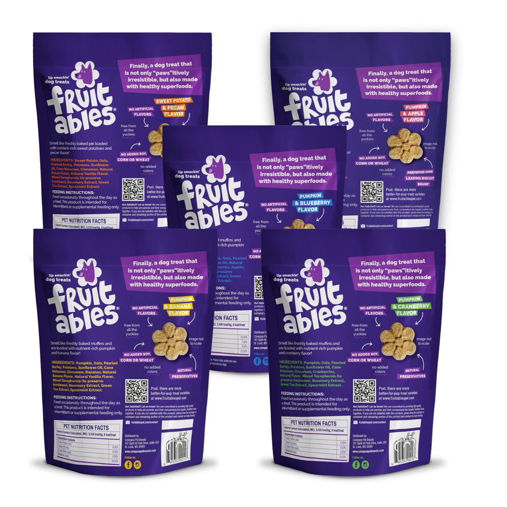 Fruitables Pumpkin Apple dog treats close-up showing pumpkin and apple flavors for training.
