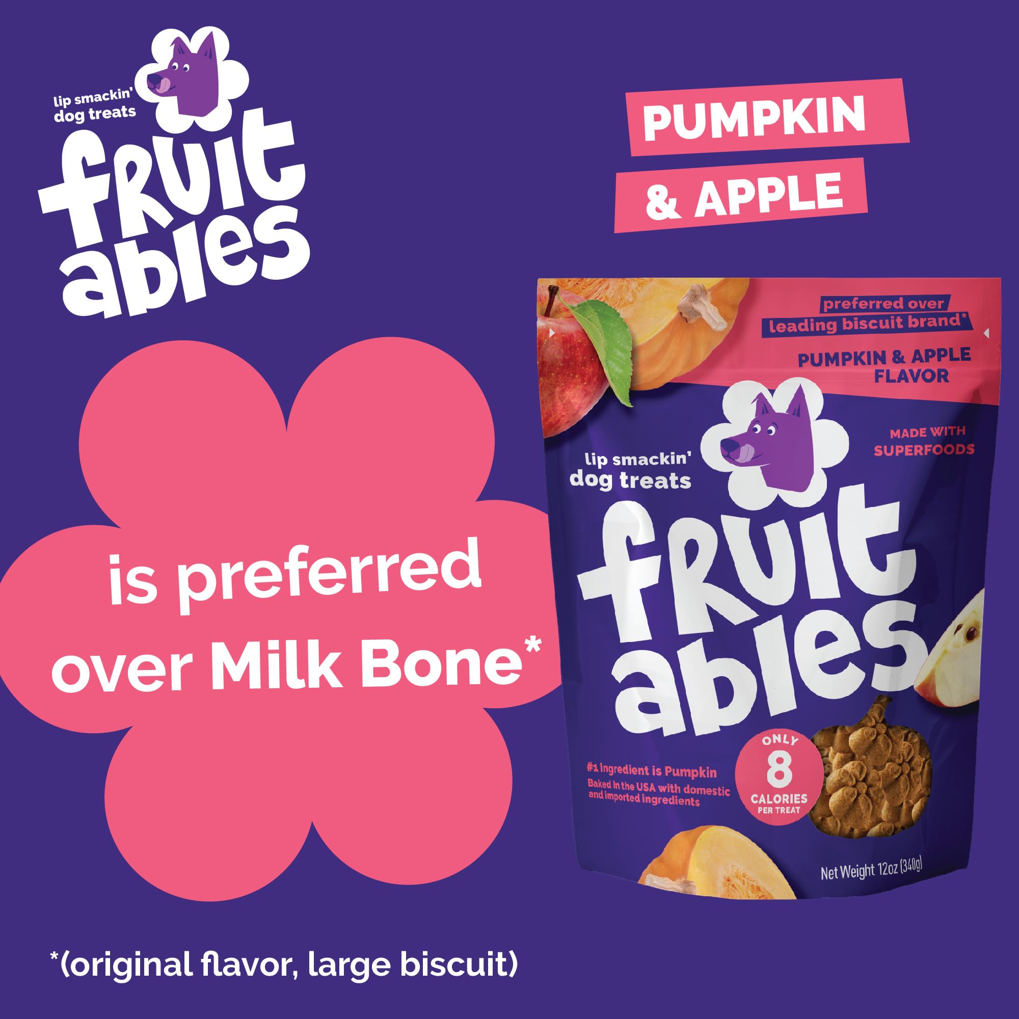Fruitables Pumpkin Banana dog treats close-up highlighting low-calorie, tasty training-snack.