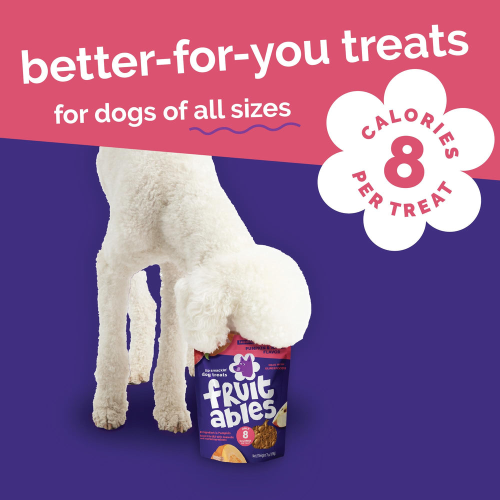 Fruitables Pumpkin Cranberry dog treats close-up emphasizing natural flavor and bite-sized rewards.