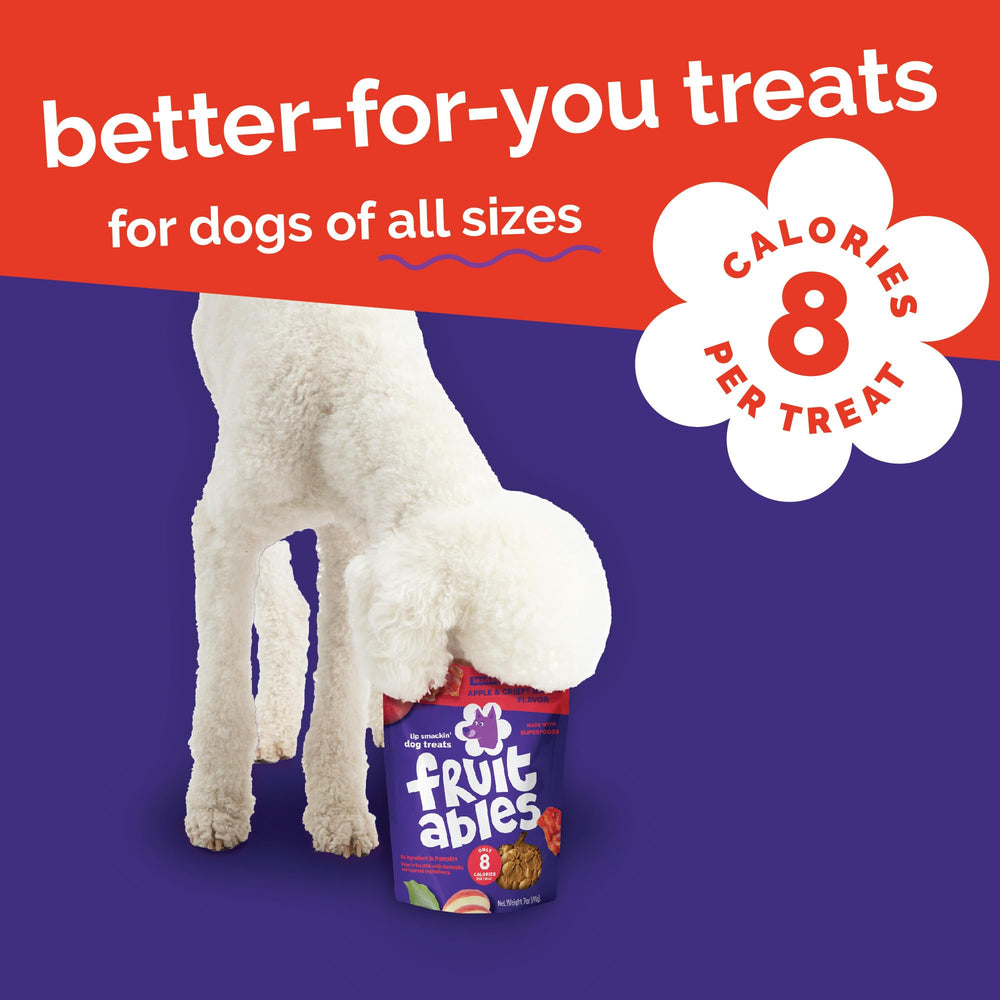 Fruitables Pumpkin Dog Treats apple bacon flavor pouch — savory-sweet twist for rewards.