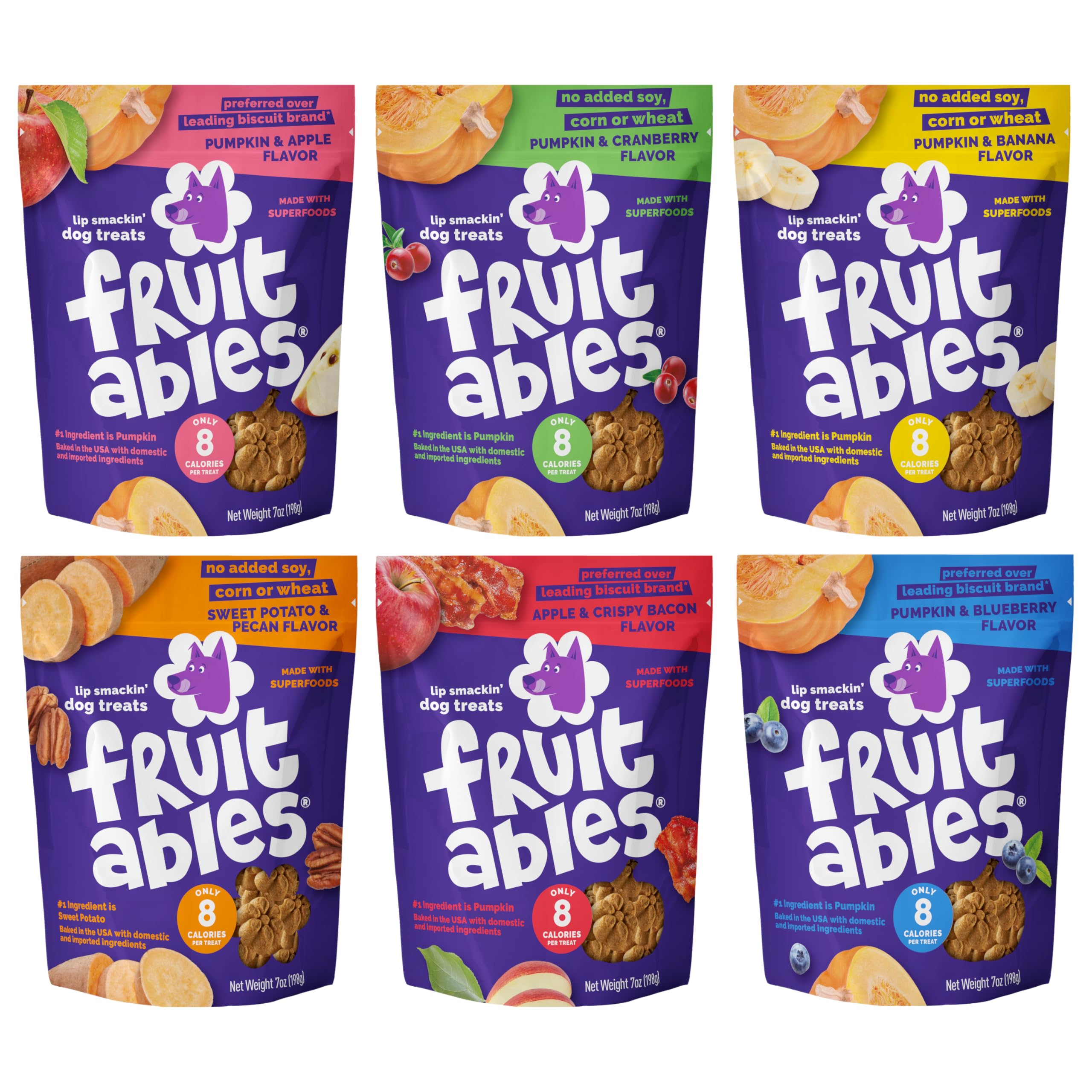 Fruitables Pumpkin Dog Treats apple flavor pouch — crunchy training snack with pumpkin goodness.