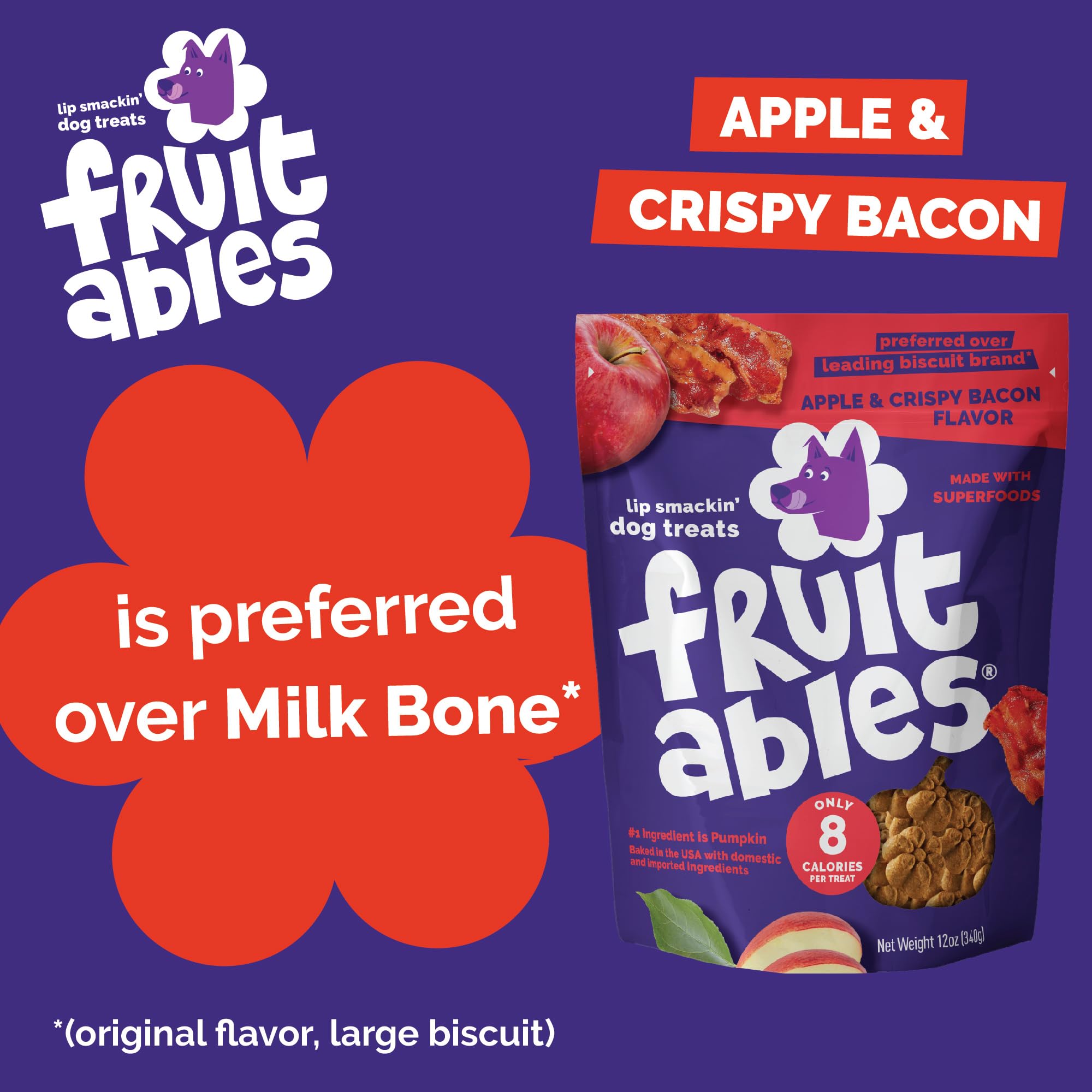 Fruitables Pumpkin Dog Treats blueberry flavor pouch — antioxidant-rich bite for rewards.