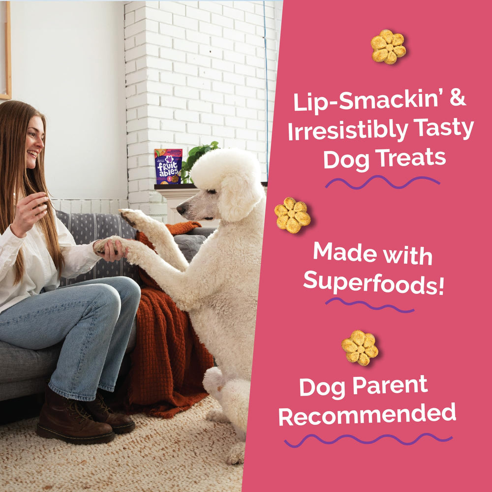 Fruitables USA-made dog treats packaging highlighting quality and safety.