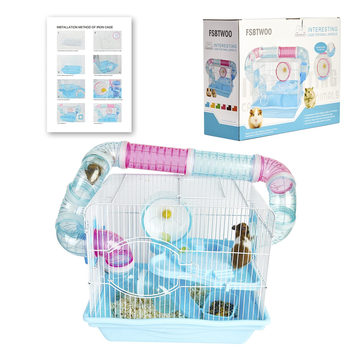 FSBTWOO hamster cage with multi-level design promotes exercise and exploration for small pets.