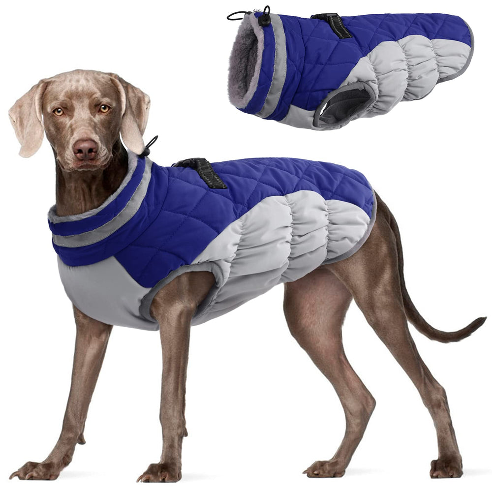 FUAMEY dog coat back view shows built-in harness for easy leash use