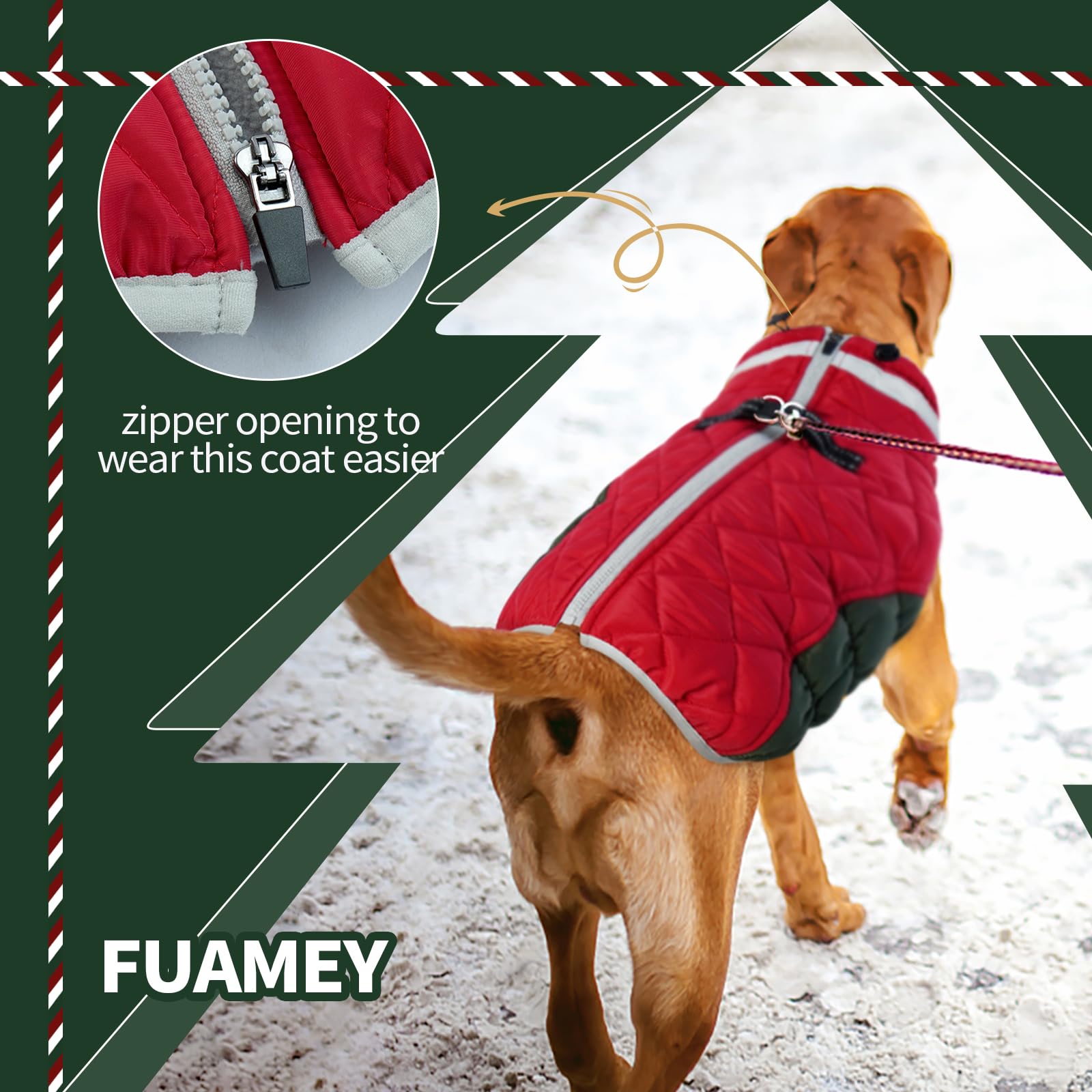 FUAMEY dog coat neck close-up shows thick collar shielding wind.