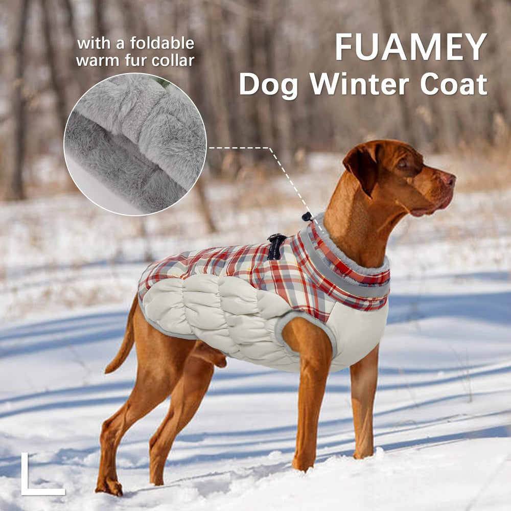 FUAMEY red-plaid fabric keeps dogs dry in light rain.