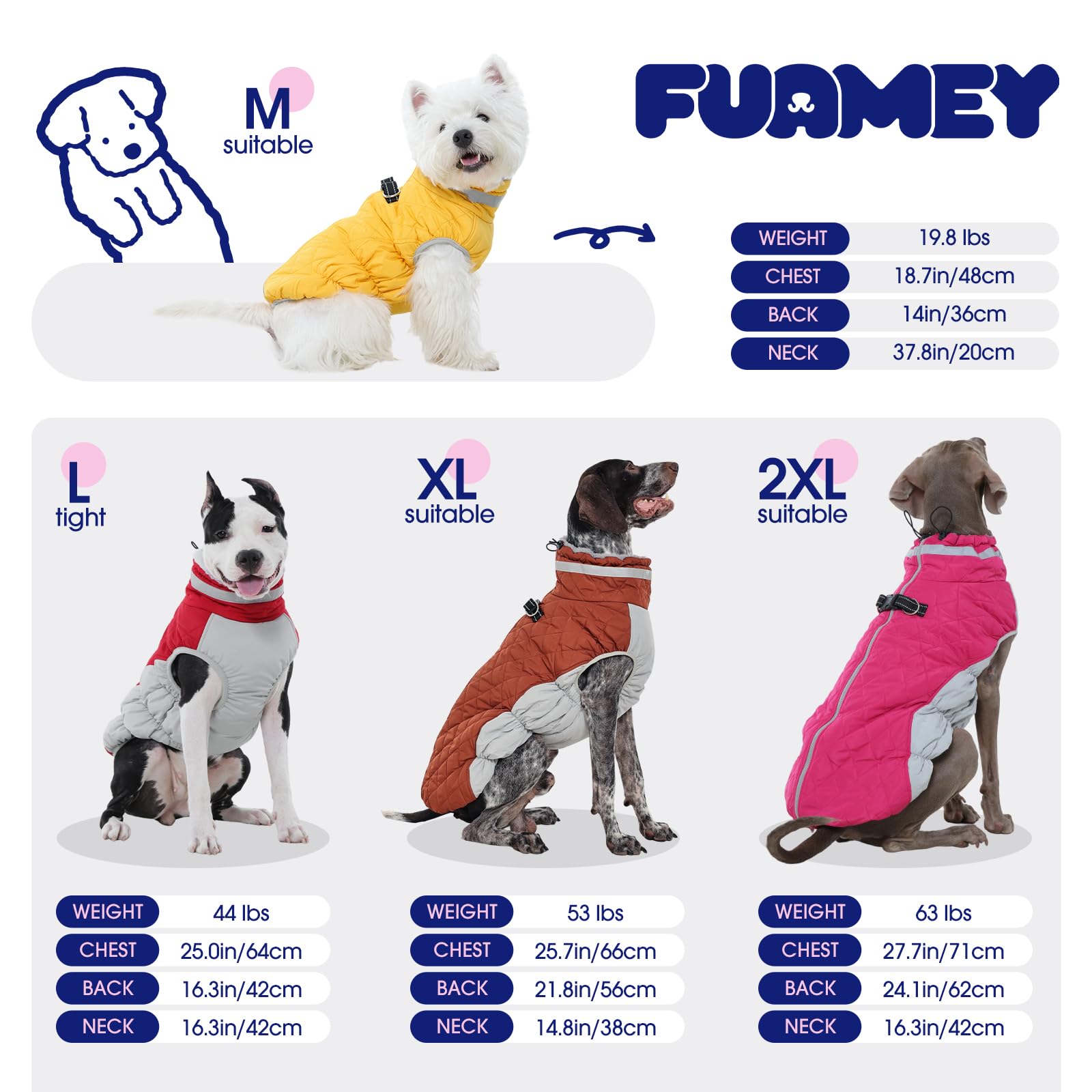 FUAMEY dog coat versatile sizing chart covers XS to XXXL for many breeds.