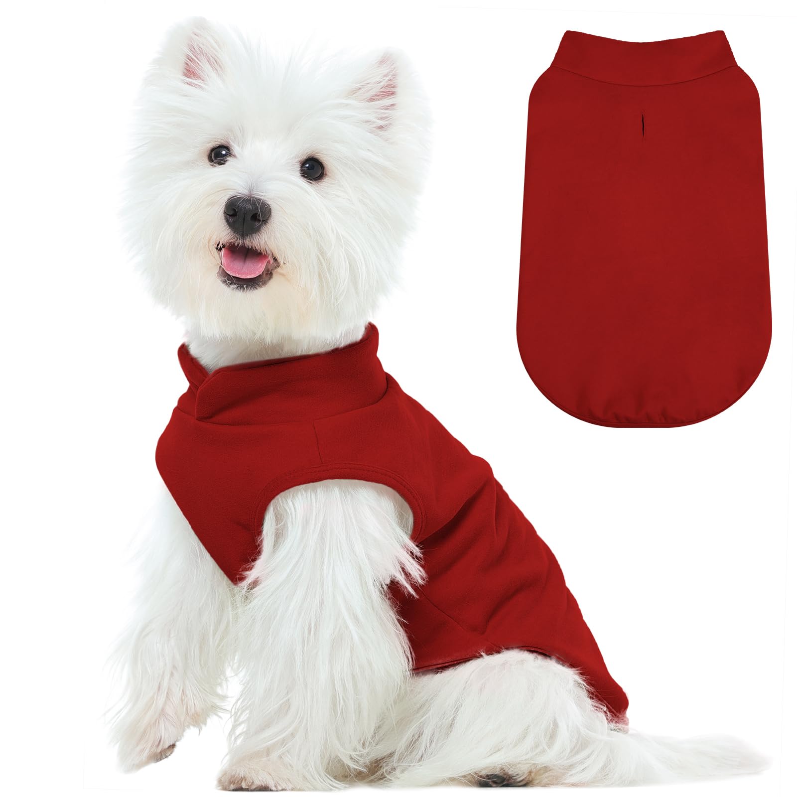 FUAMEY dog fleece vest size chart shows seven fits for tiny to large breeds, ideal for daily warmth