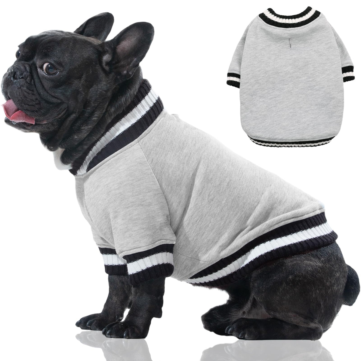 FUAMEY dog pullover sweatshirt front view in grey XS, showing snug warmth