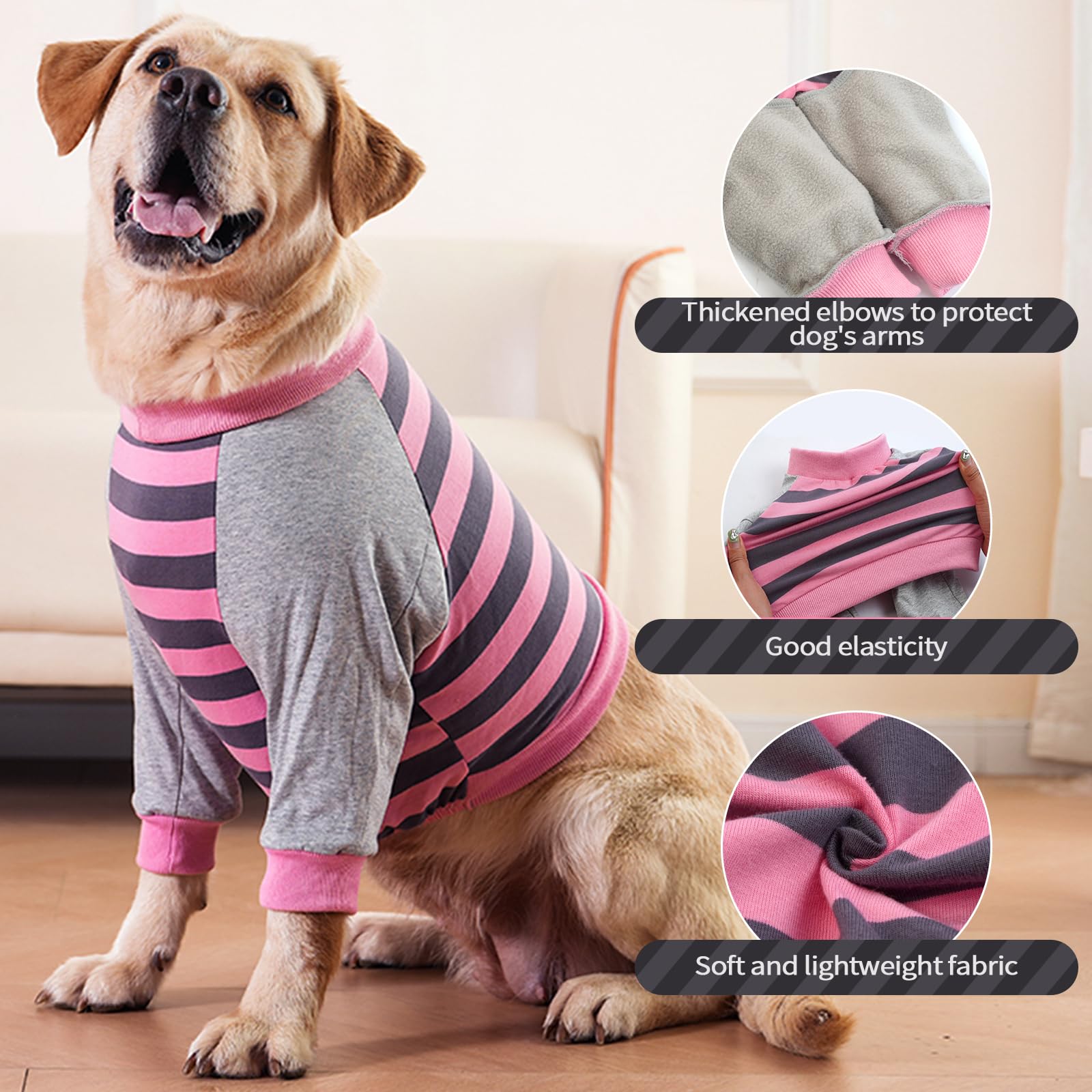 FUAMEY Dog Recovery Sleeve pink-stripes closeup highlights soft fabric and fit