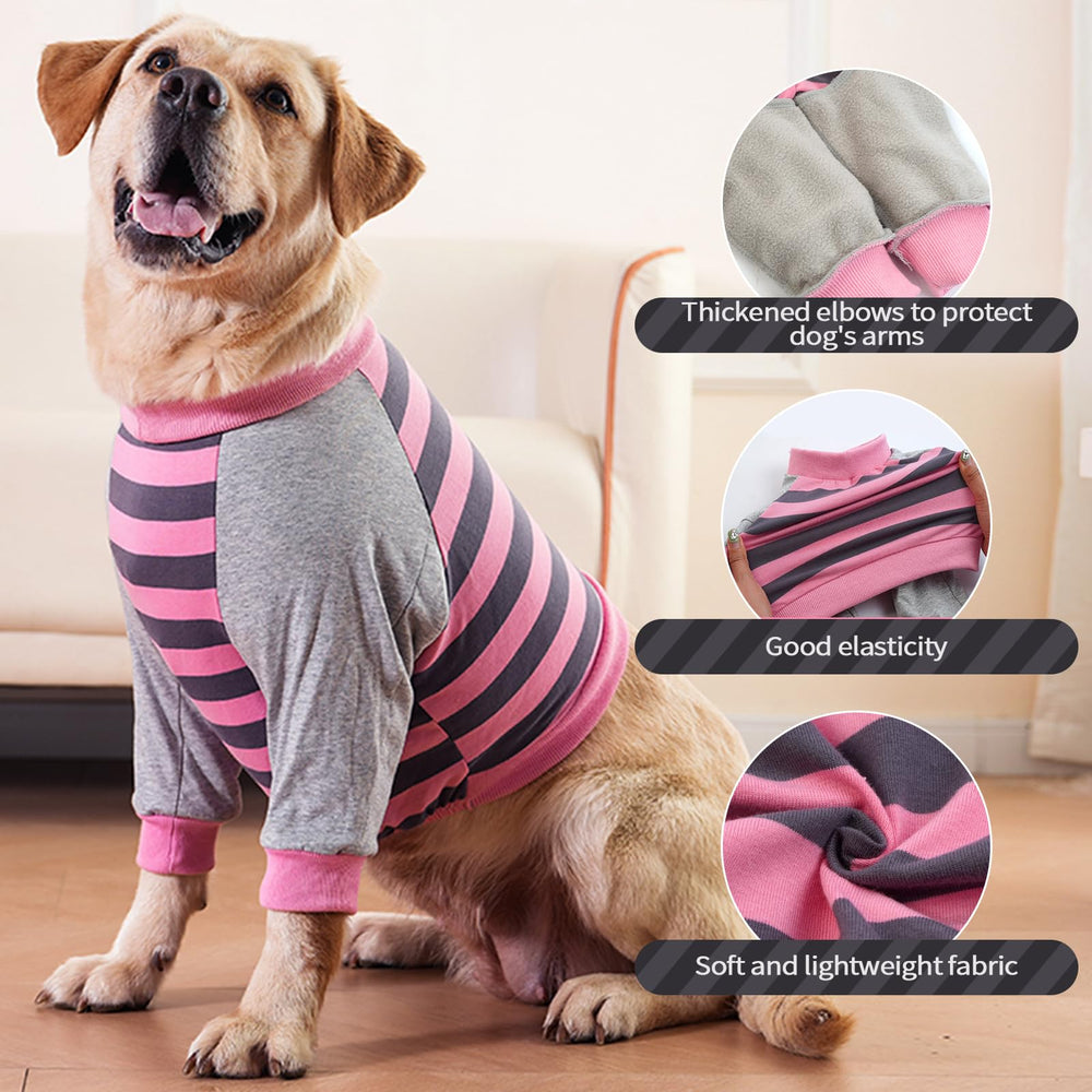 FUAMEY Dog Recovery Sleeve pink-stripes closeup highlights soft fabric and fit