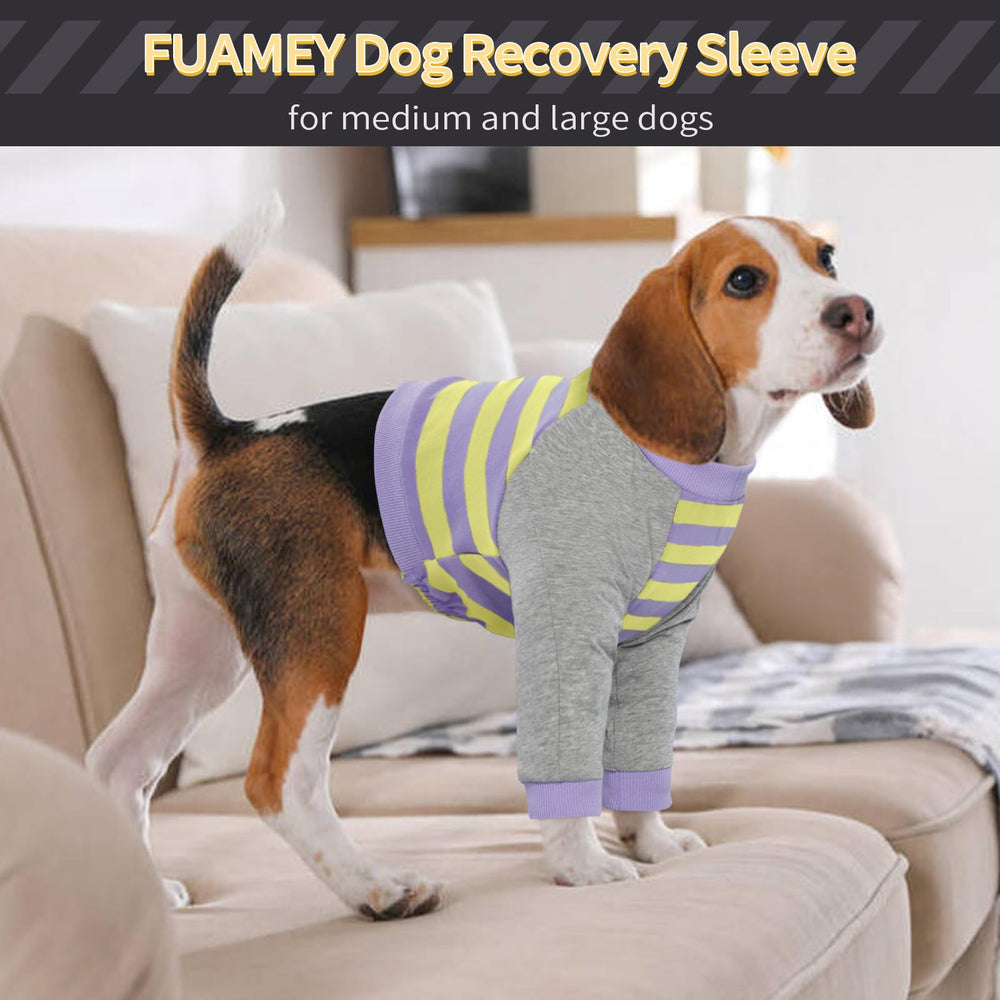 FUAMEY dog recovery sleeve purple-stripes-3xl offers roomy fit for large dogs.