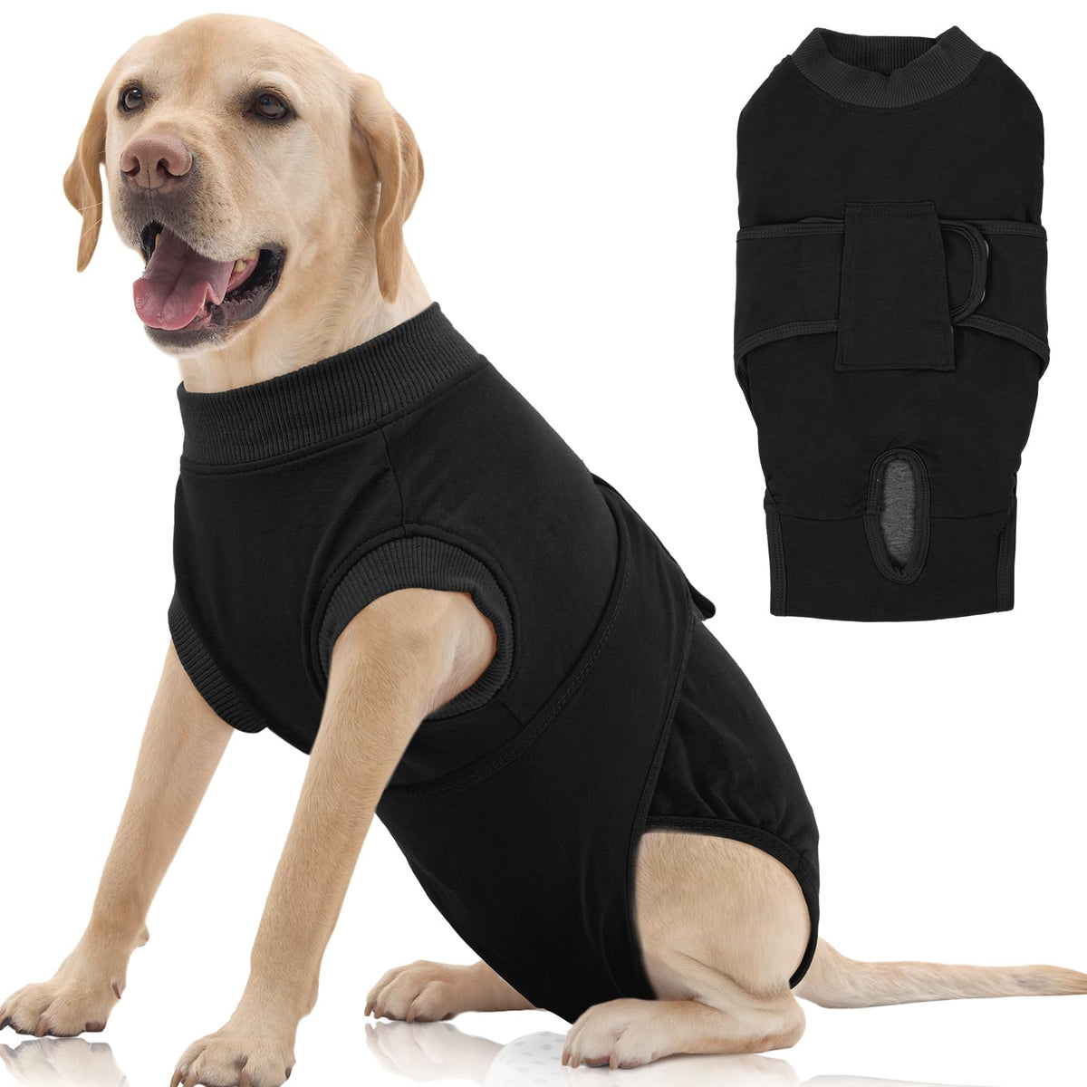 FUAMEY dog recovery suit black XL front view offers comfortable post-op protection