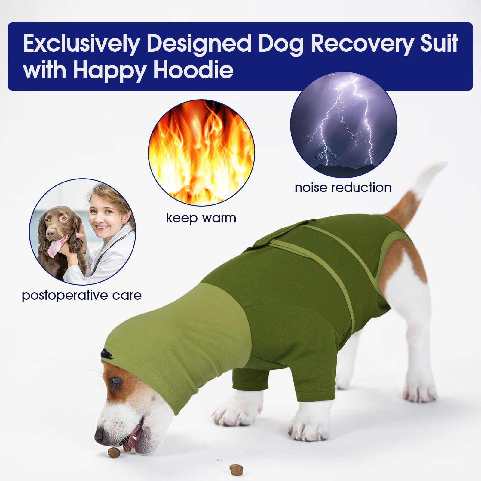 FUAMEY dog recovery suit green back view shows full coverage and freedom.