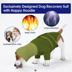 FUAMEY dog recovery suit green back view shows full coverage and freedom.