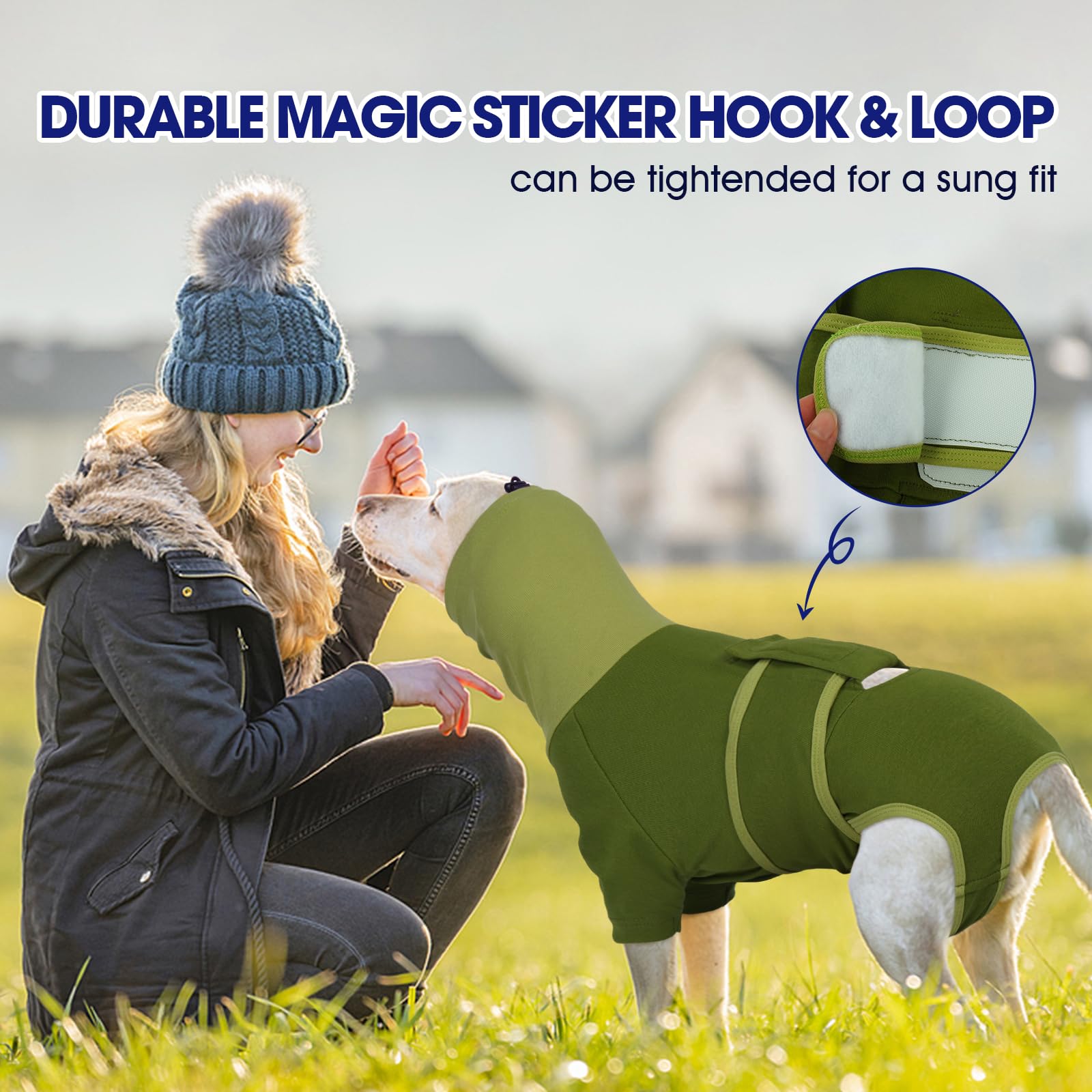 FUAMEY dog recovery suit green breathable fabric emphasizes softness and durable wear.