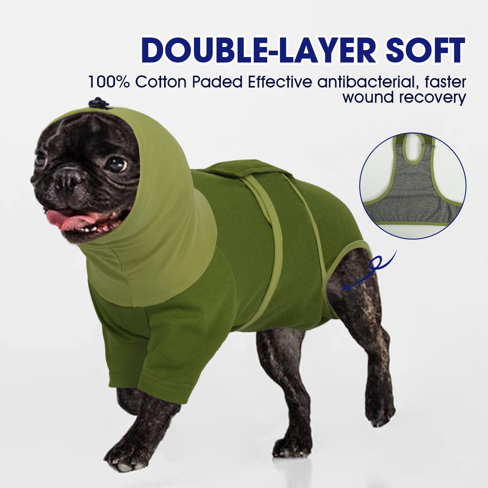 FUAMEY dog recovery suit green cone-alternative view highlights paw access and reduced licking.