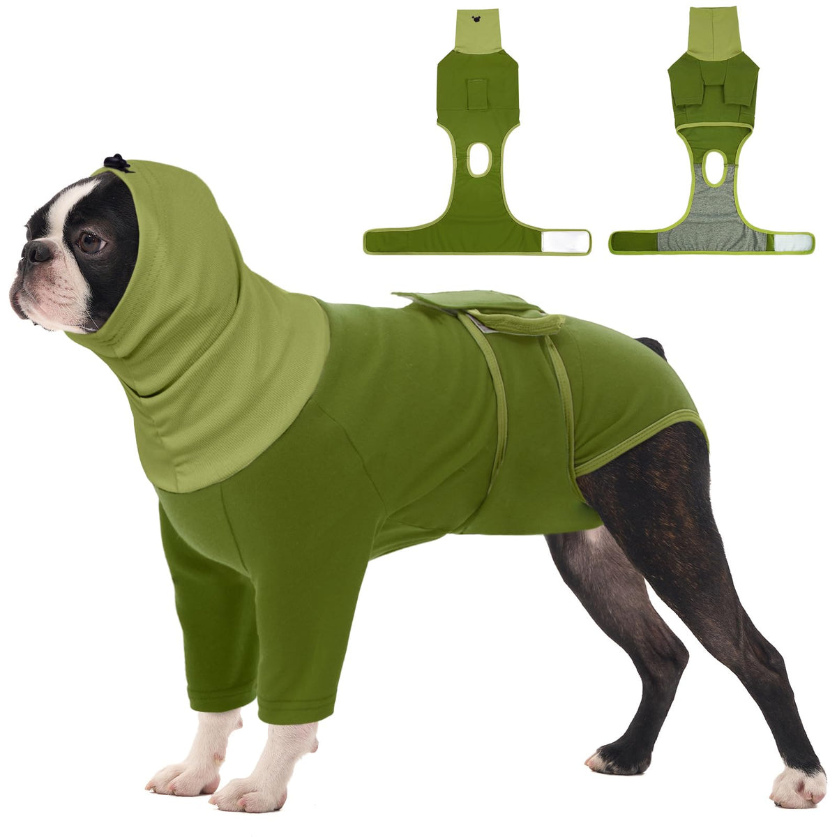 FUAMEY dog recovery suit green front view demonstrates post op protection and comfort.