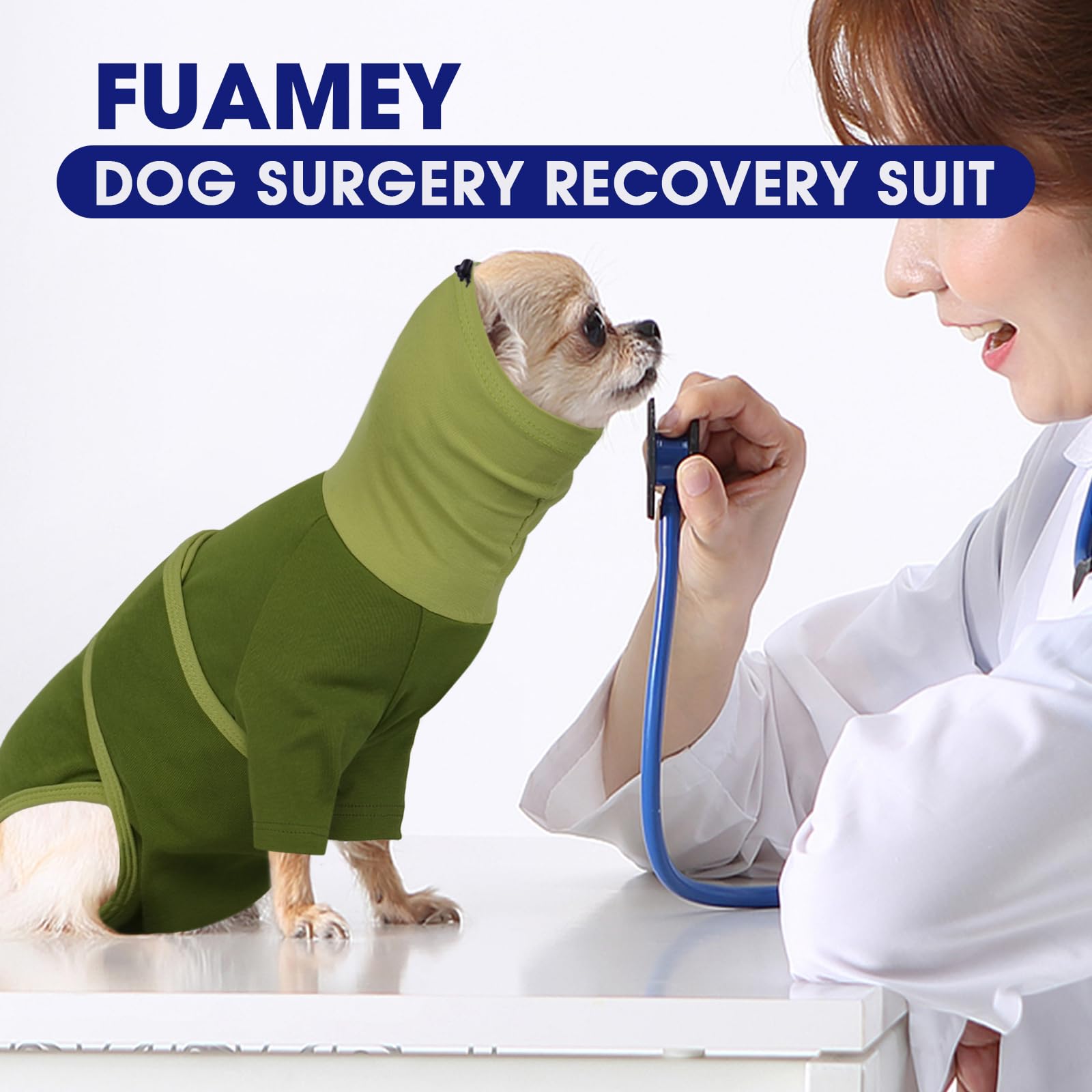 FUAMEY recovery suit green side view highlighting adjustable fit for paw access.