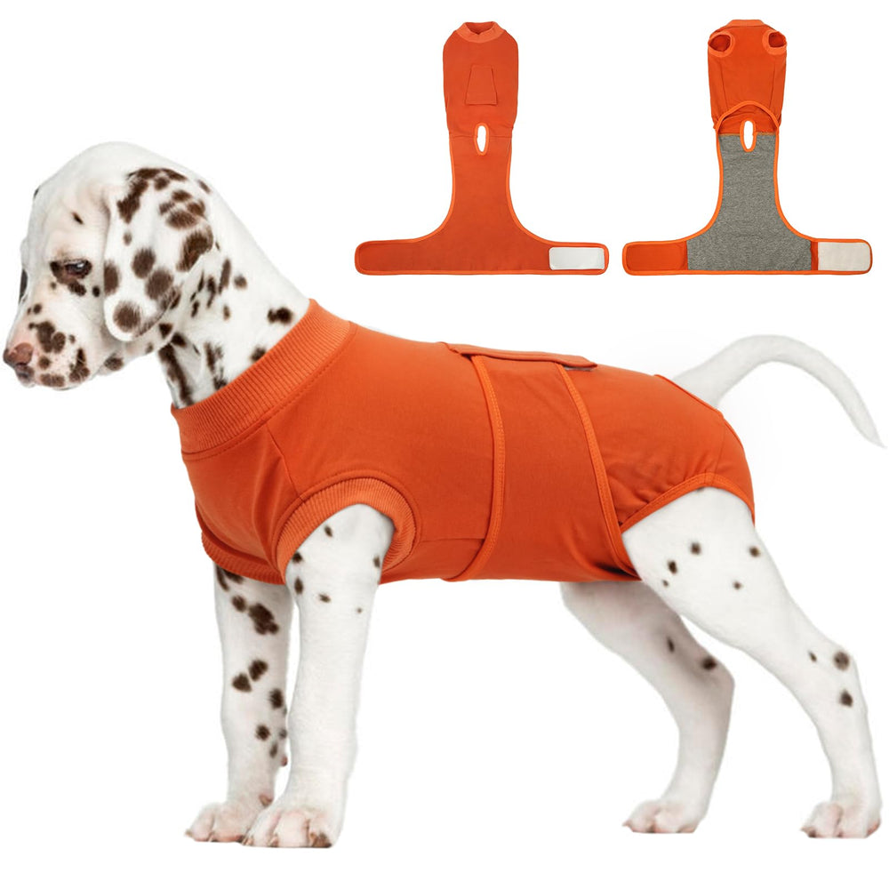 FUAMEY dog recovery suit orange on dog back view for post-op protection.