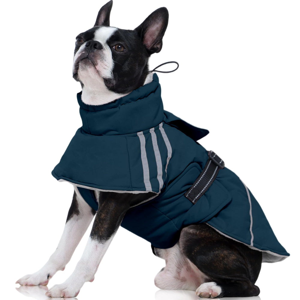 FUAMEY dog winter coat blue front view emphasizes snug fit and everyday warmth.