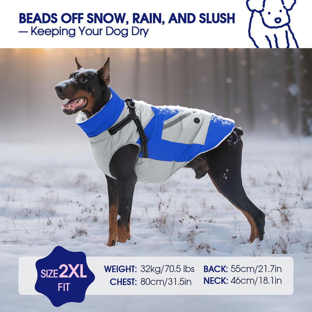 FUAMEY dog winter jacket demonstrates built-in harness loop for quick leash use.