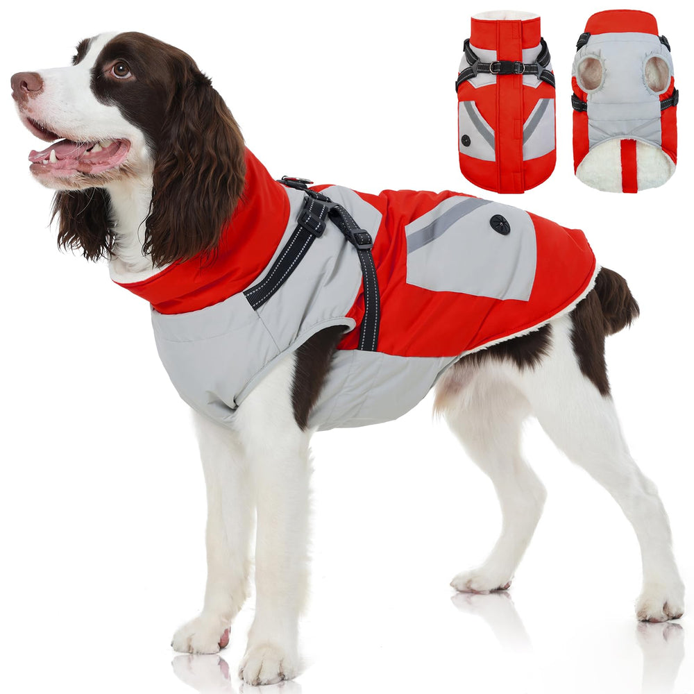 FUAMEY dog winter jacket front view highlights a snug fit for chilly outdoor walks.