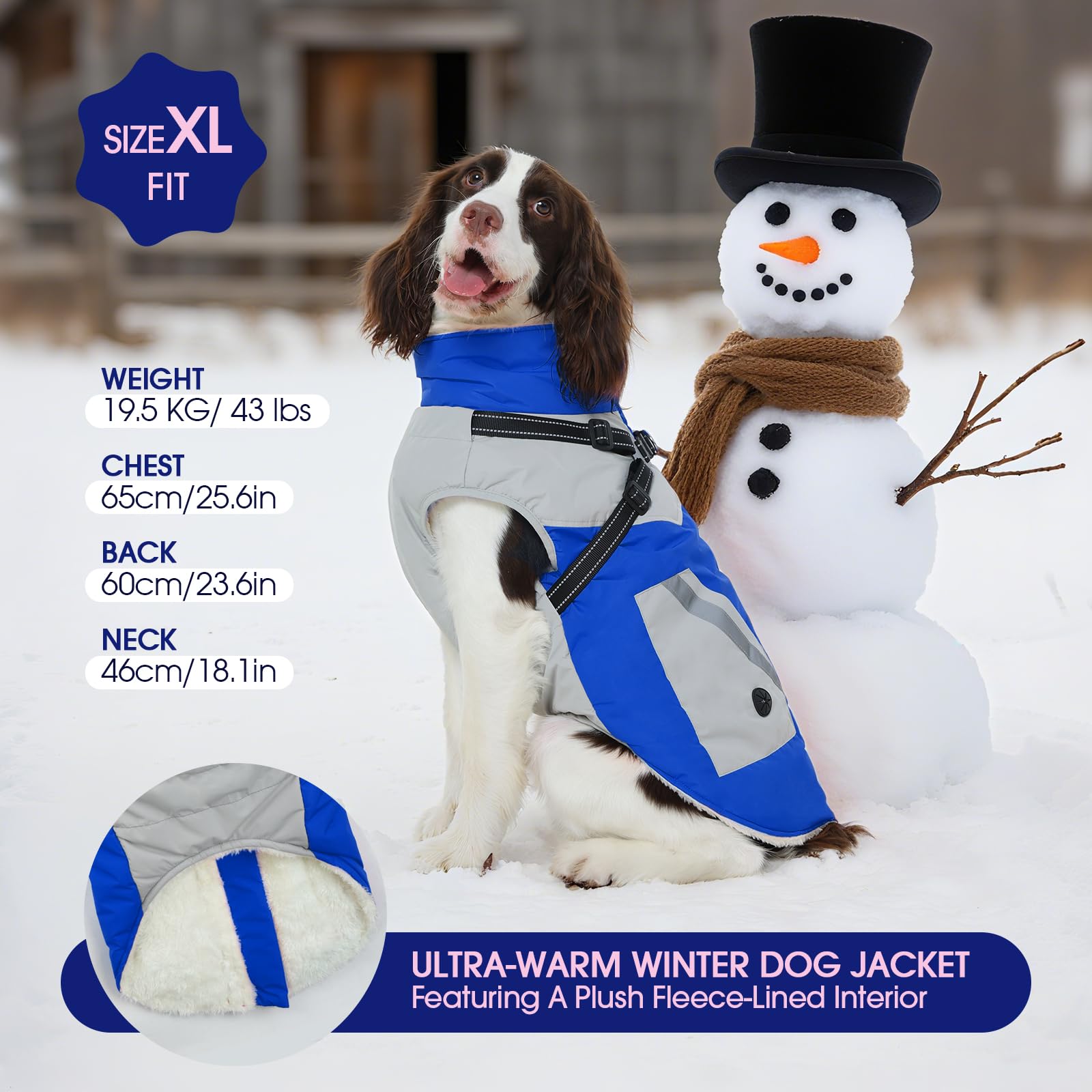 FUAMEY dog winter jacket shows reflective back trim for low-light safety.