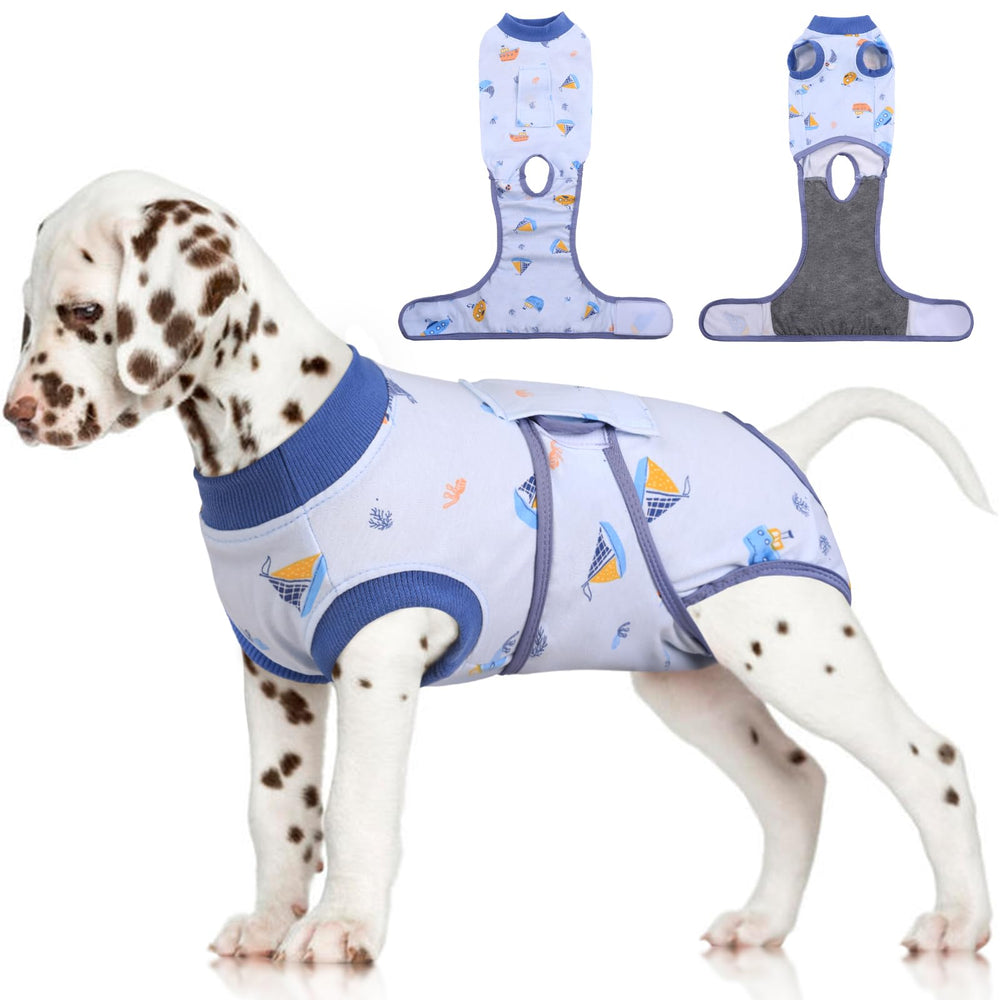 FUAMEY recovery suit dog-bodysuit-wear shows comfortable full coverage for post-surgery healing.