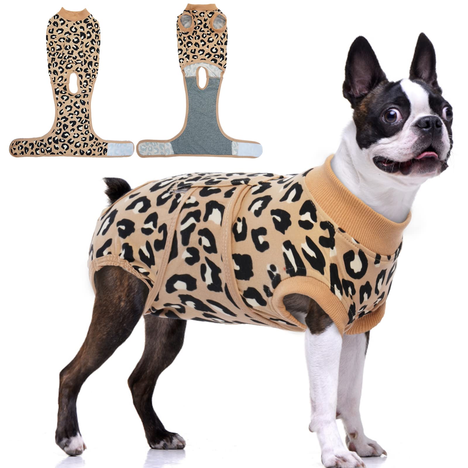 FUAMEY recovery suit dog brown leopard back view reduces post op stress and protects wounds