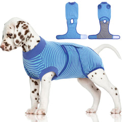 FUAMEY recovery suit on a calm dog lying in bed for comfort.