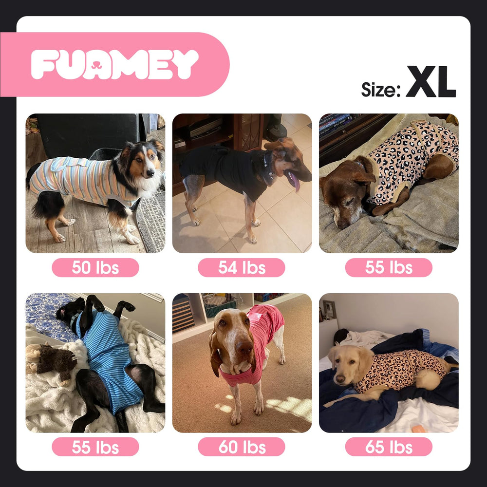 FUAMEY Recovery Suit on dog demonstrates freedom of movement and skin-safe fabric.
