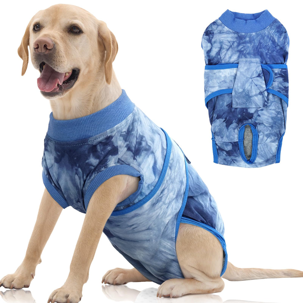 FUAMEY Recovery Suit for Dogs, blue tie dye, front view, comfortable post-op wear.
