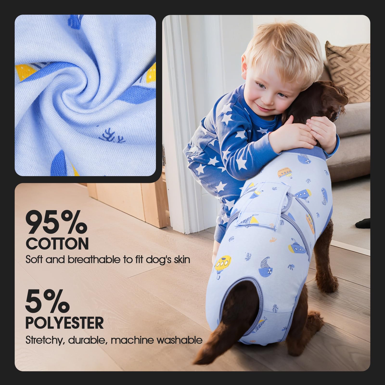 FUAMEY recovery-suit-dust-dirt-protection keeps dogs cleaner indoors or outdoors.