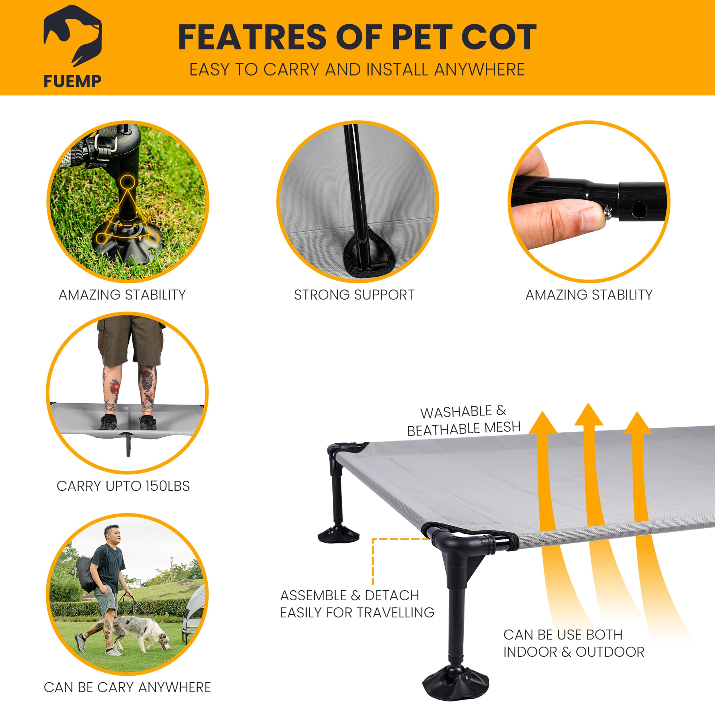 FUEMP dog bed showcasing removable shade for customizable sun protection.