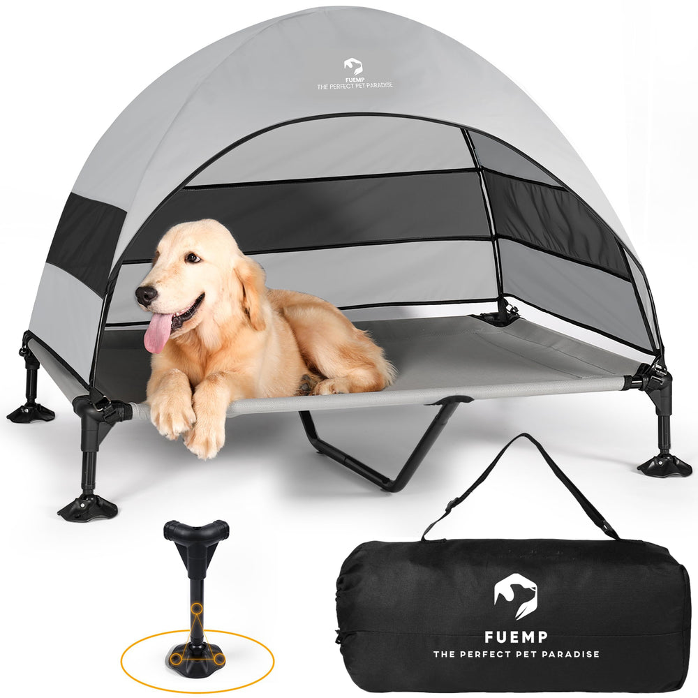 FUEMP elevated dog bed with canopy highlights a cozy den-like space for better naps.