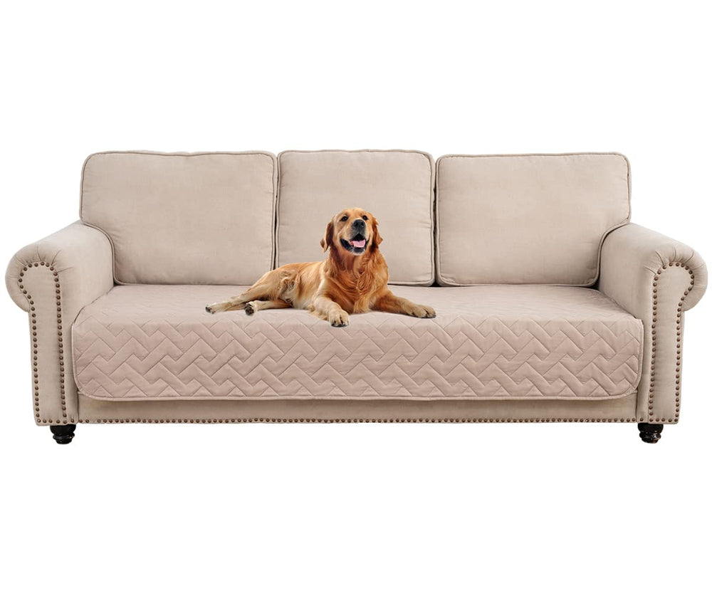 Fuguitex waterproof dog bed cover on sofa protects furniture from spills.