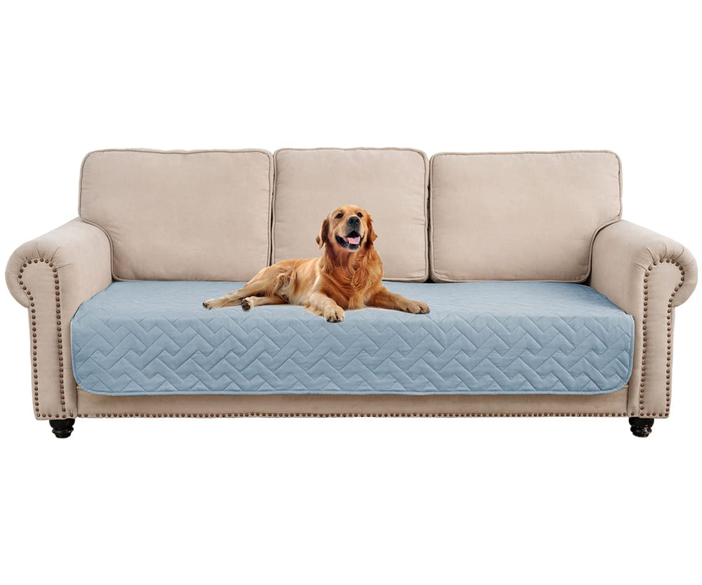 Fuguitex waterproof dog bed cover on sofa protects furniture from spills and slobber.