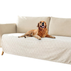 Fuguitex waterproof dog blanket cover shows 30x70 cream protecting a sofa from spills