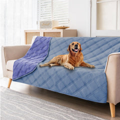 Fuguitex waterproof dog blanket folded in violet-blue and light-blue for portable couch protection.