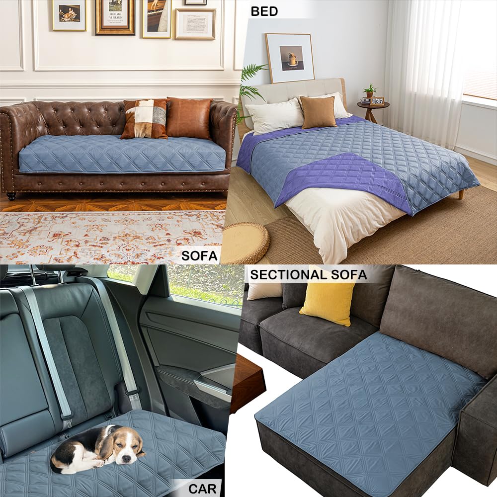 Fuguitex waterproof blanket placed on a sofa illustrates easy machine washable care.
