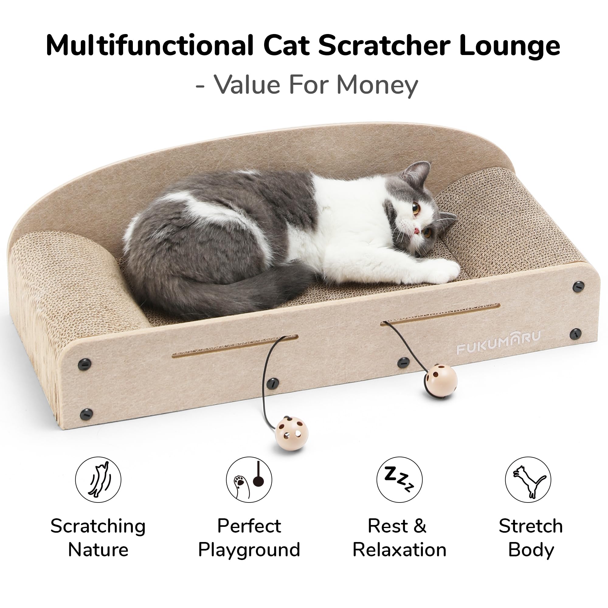 FUKUMARU 26in cat scratcher lounge bed side view highlights sturdy structure and cozy edges.
