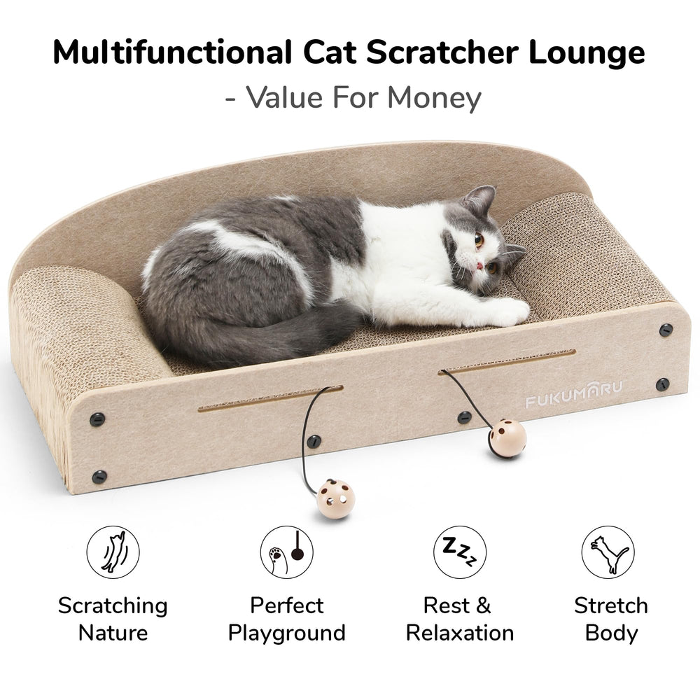 FUKUMARU 26in cat scratcher lounge bed side view highlights sturdy structure and cozy edges.