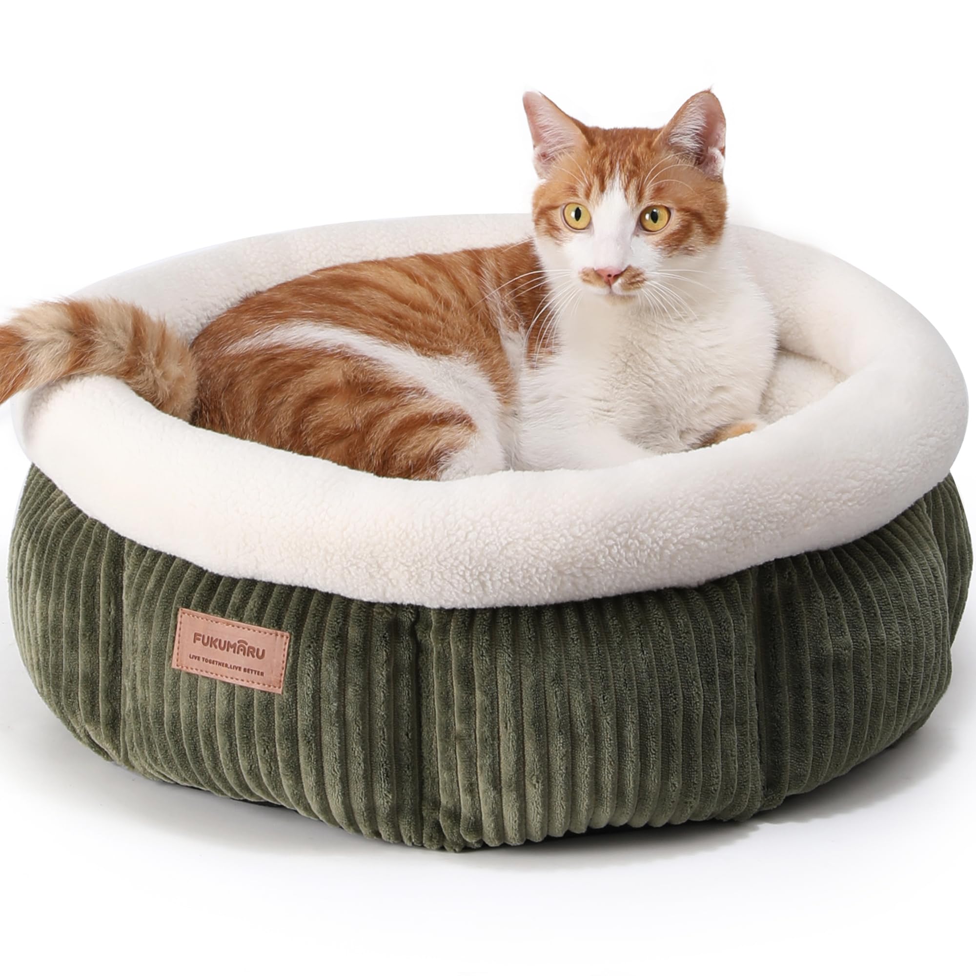 FUKUMARU cat bed corduroy round green front view shows cozy naps