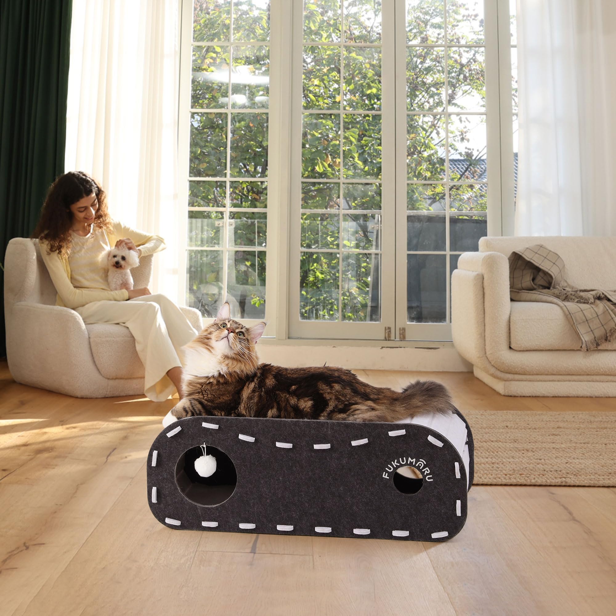 FUKUMARU cat bed easy cleaning grey surface resists hair and dust.