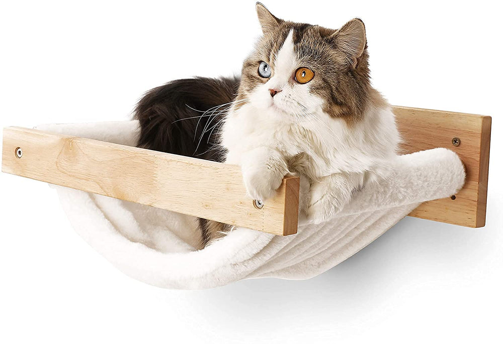 FUKUMARU cat hammock wall-mounted closeup wood—durable, non-toxic material for cozy lounging.