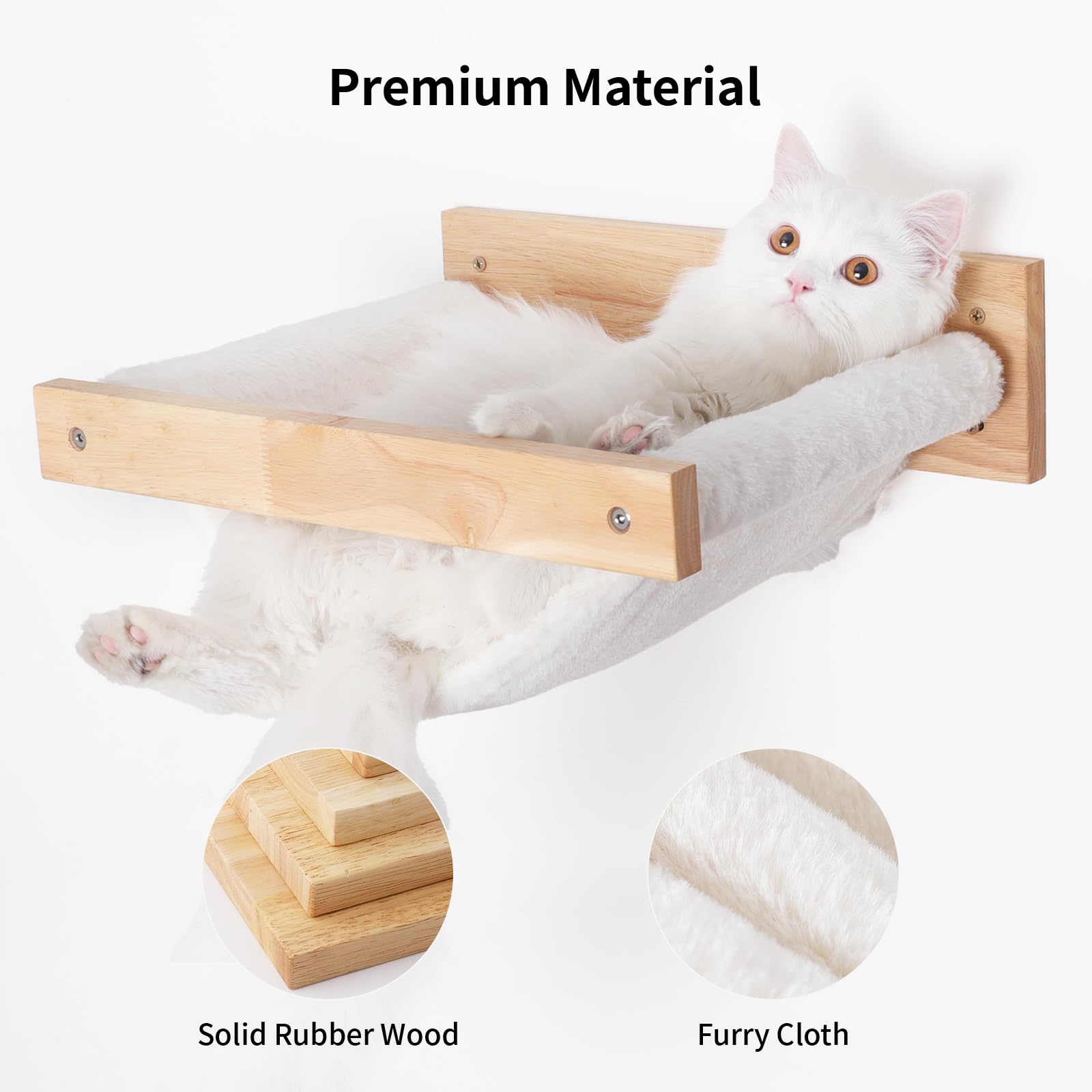 FUKUMARU cat hammock wall-mounted installation image highlights simple 4-step setup.