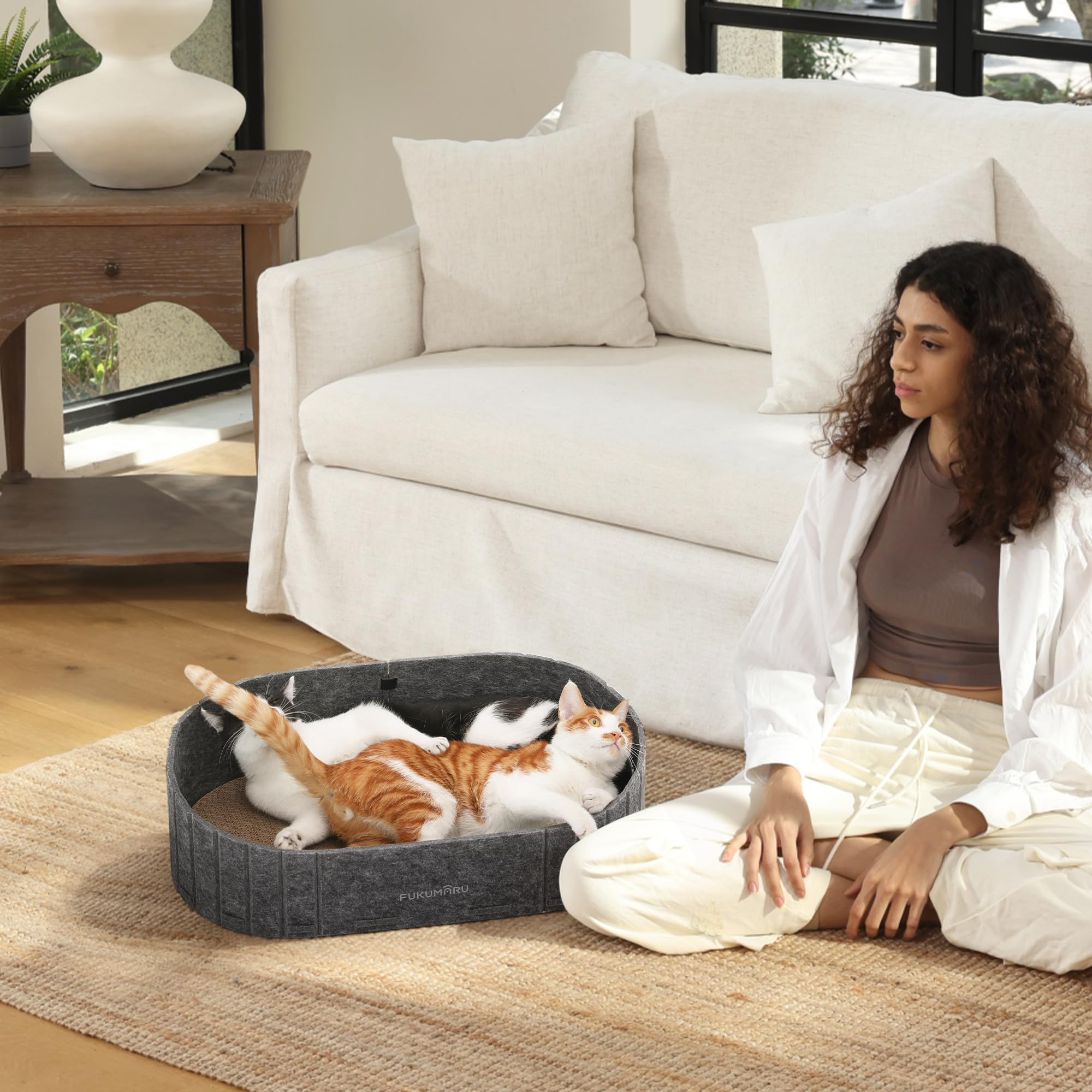 FUKUMARU cat scratcher couch bed cozy room setup highlights space saving corner furnishing