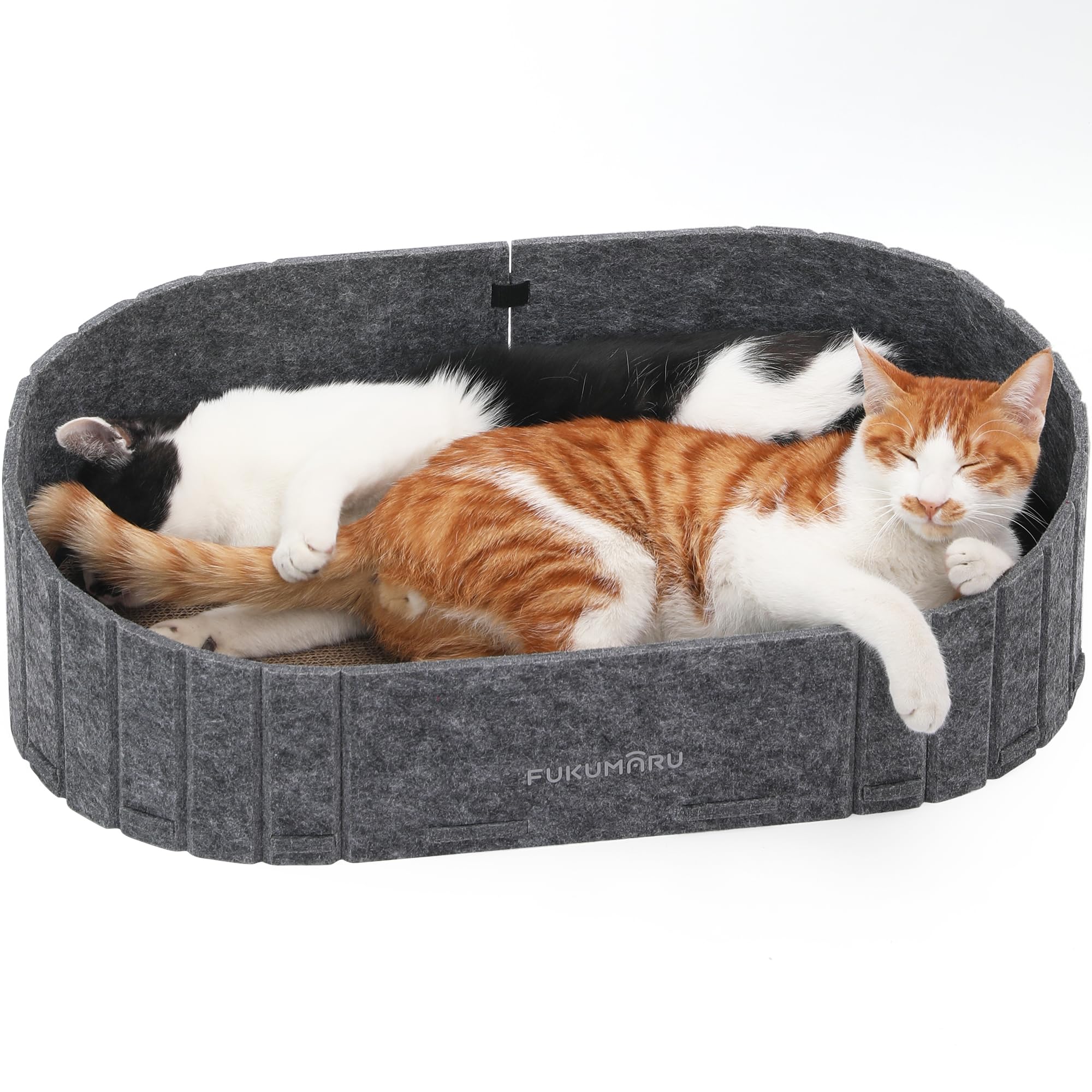 FUKUMARU cat scratcher couch bed front view highlights durable cardboard and spacious lounging area